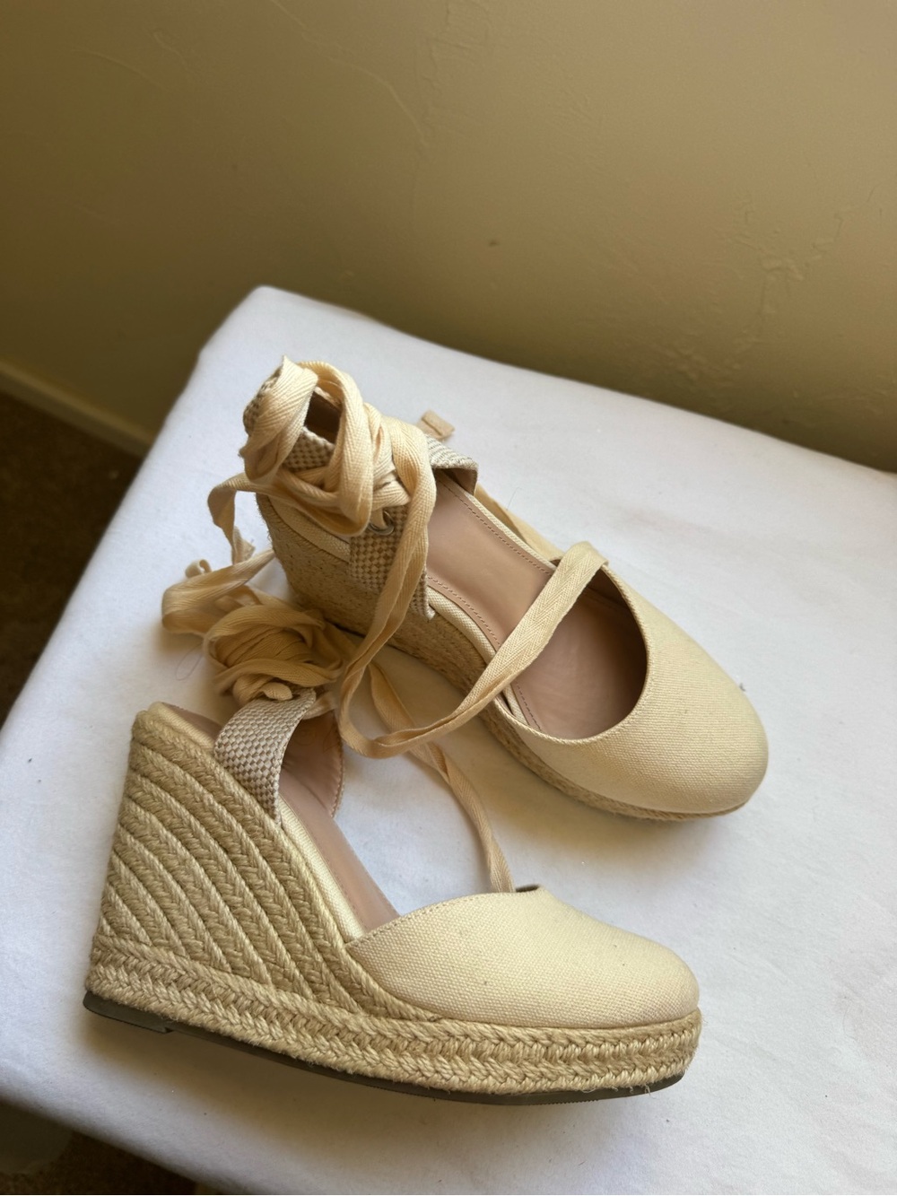 ZBY Cream Lace-Up Espadrille Wedge Sandals Cottagecore Summer Heels Size 6